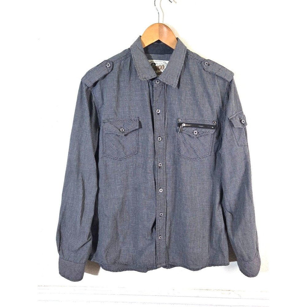 Vintage JNCO Crown Brand Mens Large Gray Check Button Up Shirt Y2K Utility